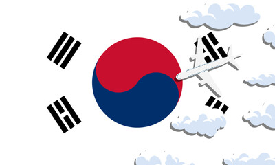 South Korea travel concept. Airplane with clouds on the background of the flag of South Korea. Vector illustration