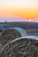 A haystack in a meadow that had been mowed in the evening