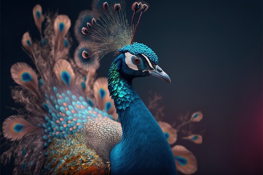 Close-up Portrait von einem wundersch&ouml;nen Pfau auf blauem Hintergrund, Generative AI 
