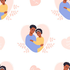 Seamless pattern with cute ethnicity couple in love. Happy black people hugging on white background with heart. Vector illustration. Romantic endless background, valentine packaging