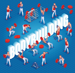 Strength training in the gym and 3d word Bodybuilding. Barbell and Dumbbell exercises. Healthy and active lifestyle. Isometric icons on isolated background