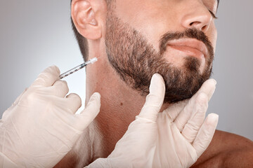 Botox, beauty and injection of man and plastic surgery hands in studio medical aesthetic, face...