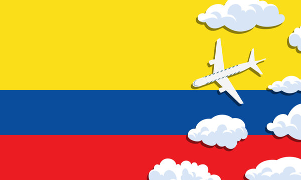 Ecuador travel concept. Airplane with clouds on the background of the flag of Ecuador. Vector illustration