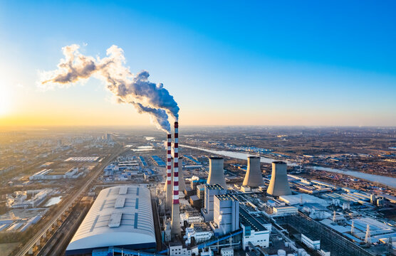 Urban factory chimney cooling tower aerial view, environmental pollution, air pollution