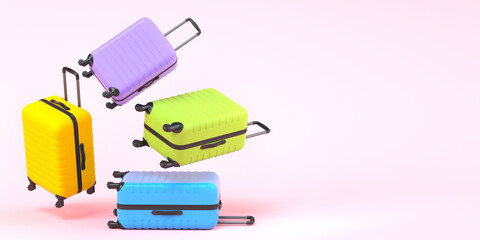 Colorful suitcase flying on pink background. 3D render of summer vacation