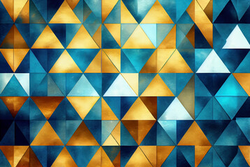 Fototapeta premium Blue and yellow mosaic pattern, geometric shapes abstract background, watercolor texture imitation created with Generative AI technology