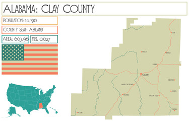 Large and detailed map of Clay county in Alabama, USA.