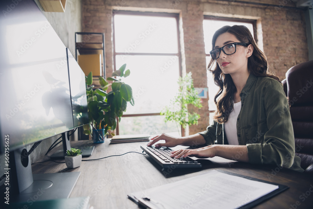 Aufkleber profile photo of talented clever web designer lady sitting chair keyboard write operating network op