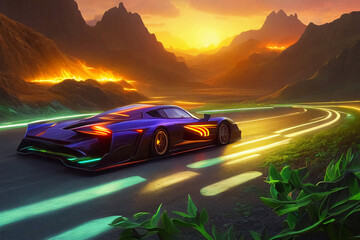 The car is driving along the road, mountains, neon color, dark background.