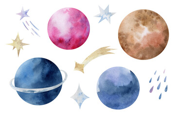 Hand-drawn watercolor planets, stars, universes and golden stars. Large set of magical space elements hand-drawn isolated on a white background.