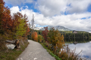 Fototapeta na wymiar Strbske Pleso beautiful mountain lake in Slovakia in autumn.