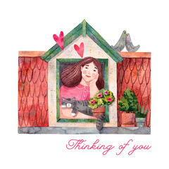 A young woman sitting by the window and dreaming. "Thinking of you" card. Day dreaming illustration. A girl with a cat in an attic window.