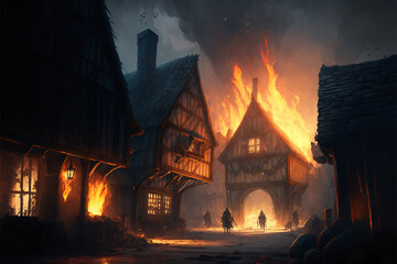 Fantasy Village Town on Fire Concept Art - obrazy, fototapety, plakaty