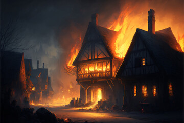 Fantasy Tudor Medieval Village Burning Concept Art - obrazy, fototapety, plakaty