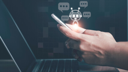 Artificial intelligence chatbot conversation assistant. Person using online customer contact service ai chatbot automated application support and CRM software technology