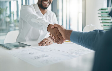 Black man, shaking hands and architecture with architect hiring, interview and onboarding, office and blueprint plan. Human resources, recruitment and partnership with deal, contract and thank you - obrazy, fototapety, plakaty