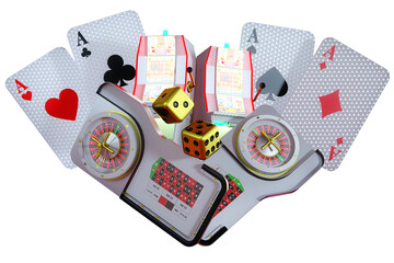 3d illustration of metallic white casino roulette wheel, with cards, coins and bets