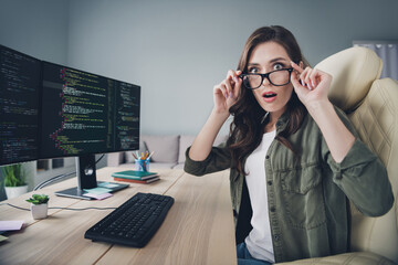 Profile side photo of worried nervous smart lady nerd scared remove content site lost database...