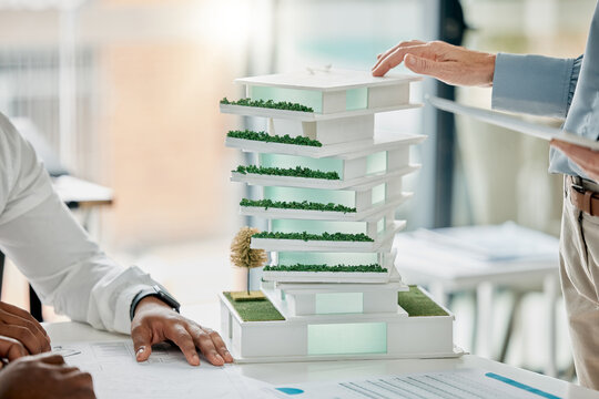 Building model, diversity and hands of architect working on real estate development, architecture engineering or planning. Project management, teamwork collaboration and woman review 3d house design
