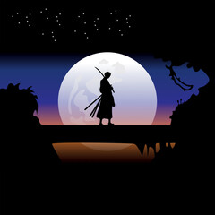 illustration vector graphic of Samurai training at night on a full moon. Perfect for wallpaper, poster, etc. Landscape wallpaper, Illustration vector style, Colorful view background, One Piece