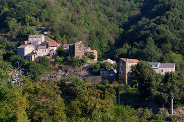 Fototapeta na wymiar Santa-Reparata-Di-Moriani village in Corsica mountain. Penti Hamlet