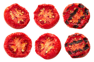 Semi-dried and grilled globe tomato halves, isolated png - obrazy, fototapety, plakaty