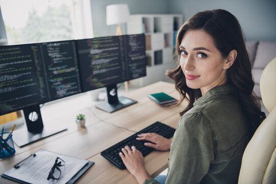 Profile side photo of successful employee lady hardware expert hand keyboard fix bugs failure system error 404 indoor room workstation