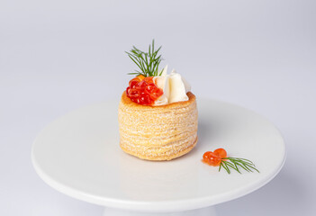 Food photography of starter with caviar, cream, dill, snack, seafood