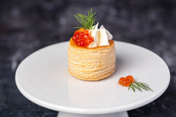 Food photography of starter with caviar, cream, dill, snack, seafood