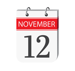 12 november calendar page vector. 3d one day calendar date appointment, schedule, event reminder illustration. Abstract three dimensional daily date appointment, agenda, planner calendar. 