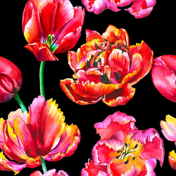  Watercolor tulips in a seamless pattern. Can be used as fabric, wallpaper, wrap. © Ulia
