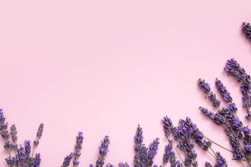Frame made from lavender flowers on colored background top view. Copy space