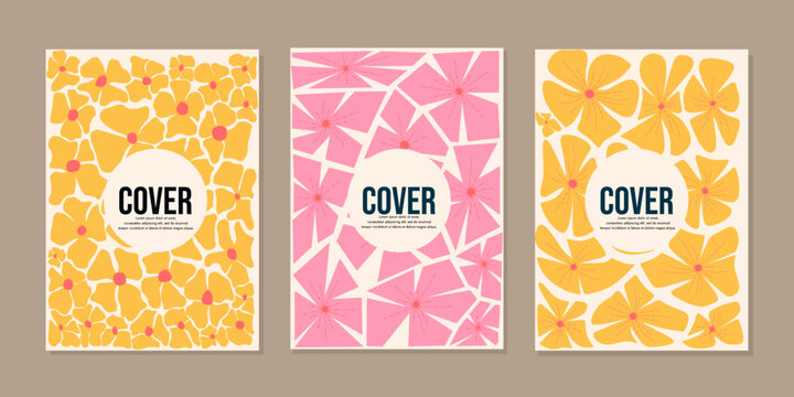 Groovy abstract flower cover set. Floral botanical vector illustration in yellow, pink, orange colors. Contemporary poster and background. Organic doodle shapes in trendy naive retro hippie 60s 70s st
