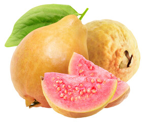Cut yellow guava fruits  with pink flesh cut out