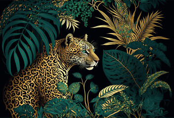 Fototapeta premium Tropical art nouveu, art deco print design with leaves and leopard. Generative ai