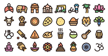 India icon set (Bold outline color version)