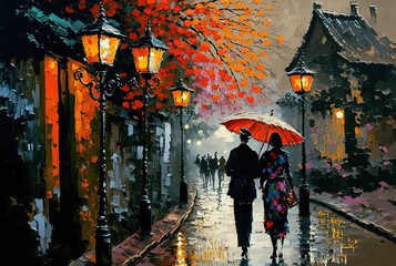 oil painting style illustration of a beautiful women wearing traditional Asian clothes and hold paper umbrella walking on street	

