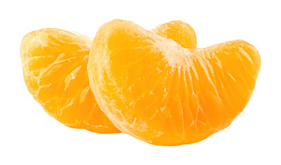 Two tangerine fruit peeled segments cut out