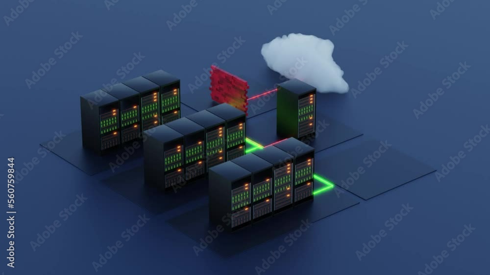 Poster datacenter with servers, cloud services, 3d rendering