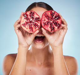 Pomegranate, beauty and woman hands with natural skincare product, detox and healthy skin with...