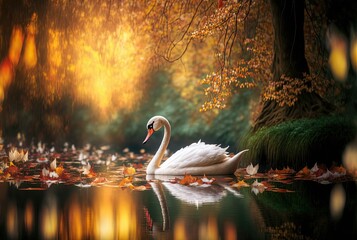 illustration of close up portrait shot of beautiful white swan swim in nature pond with bokeh light and natural background  - obrazy, fototapety, plakaty