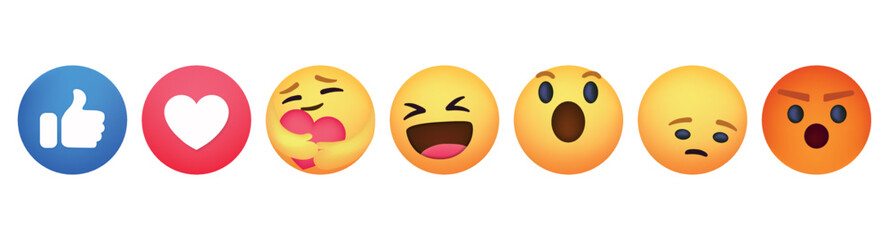 New Facebook emoji. New Facebook button Empathetic Emoji reactions with New Care Reaction, printed on paper. Facebook is adding hug reaction. - obrazy, fototapety, plakaty