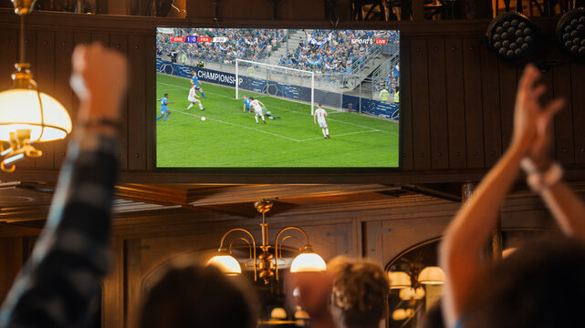 Group Of Friends Watching A Live Soccer Match On TV In A Sports Bar. Excited Fans Cheering And Shouting. Young People Celebrating When Team Scores A Goal And Wins The Football World Cup.