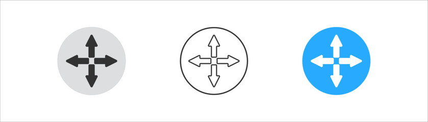 Arrow icon in circle on white background. Button sign. Arrow up, down, left, right symbol. Direction concept. Outline, flat, and colored style.
