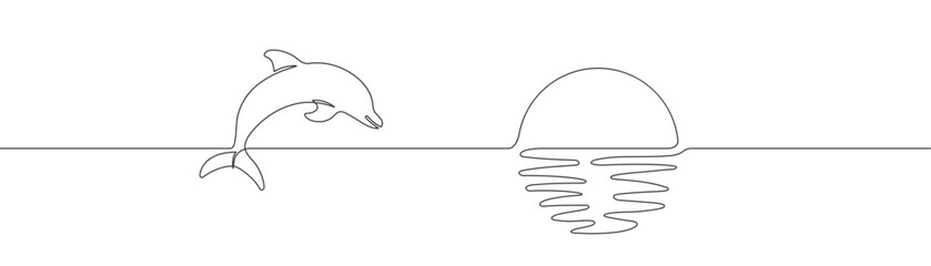 Continuous line dolphin on sunset on white background. Sun sign. Relax, summer symbol. One line art. Simple design. Thin line sketch. Flat design.