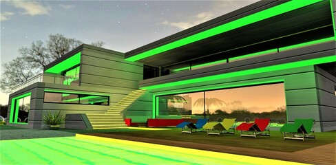 Fototapeta na wymiar Stunning design of the contemporary country house night illuminaton. Different colour sun loungers on the deck near the pool. Yellow glowing staircase. 3d rendering.