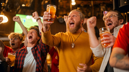 Soccer Club Members Cheering for Their Team, Drinking Beer in a Pub. Supportive Fans Standing in a...