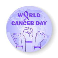 World Cancer Day design concept. Hands with bracelets, lavender ribbon and text on a globe background