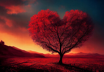 Naklejka na ściany i meble Tree that looks like heart. Sunset and red..