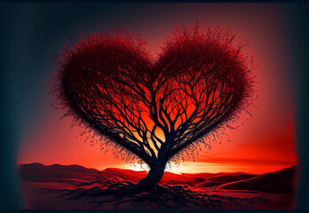 Tree that looks like heart. Sunset and red..